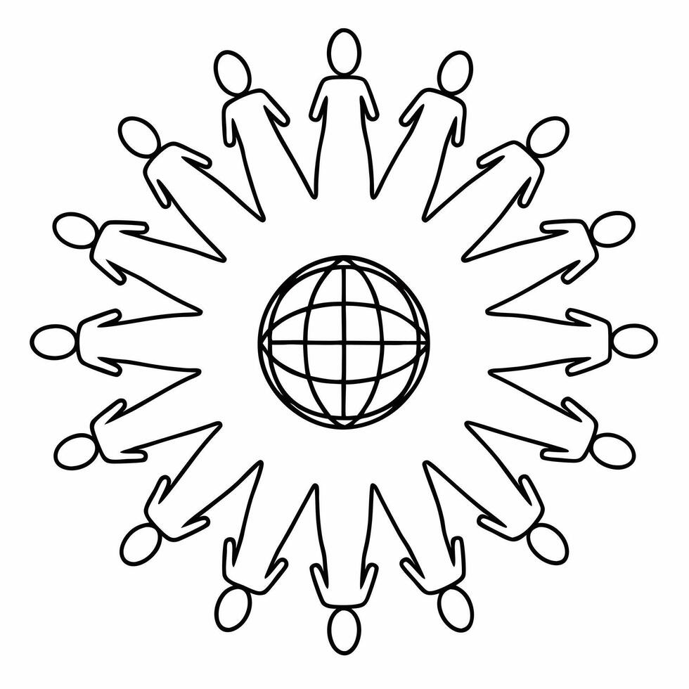 Flat Glossy holographic figures holding hands around a glowing globe copy space Clean vector
