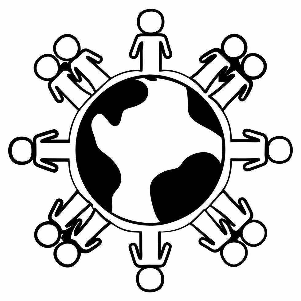 Flat Glossy holographic globe with human figures copy space on top Clean vector