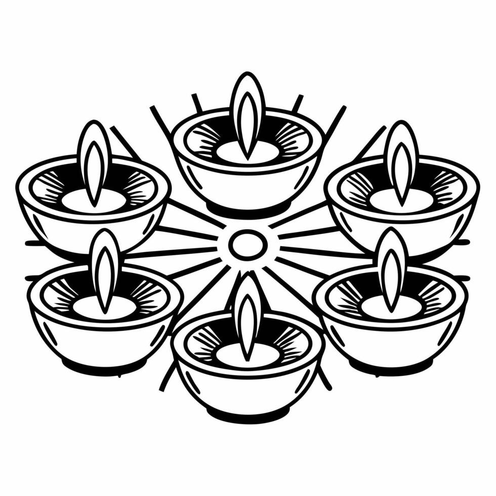 Flat Glowing Diwali diyas with holographic lanterns and event fireworks isolated on white background with copy space Clean vector