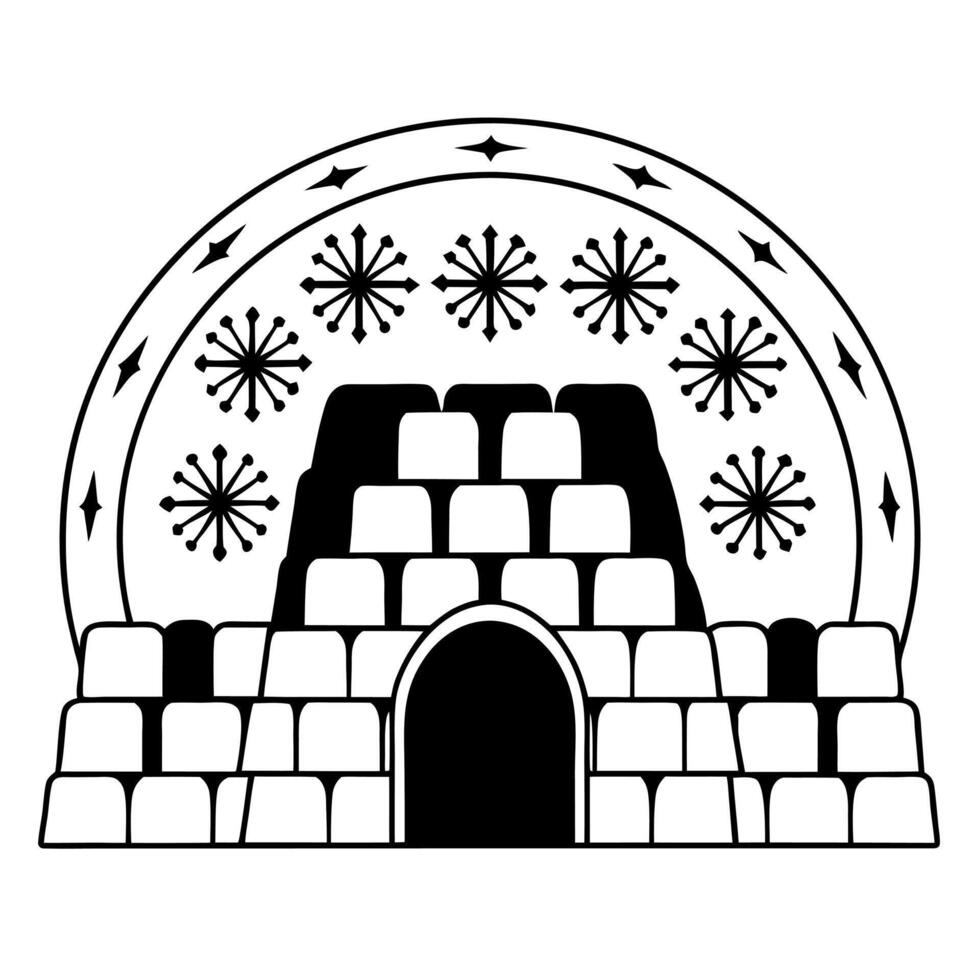 Flat Glowing figure building a snow fort with neon lights Clean vector