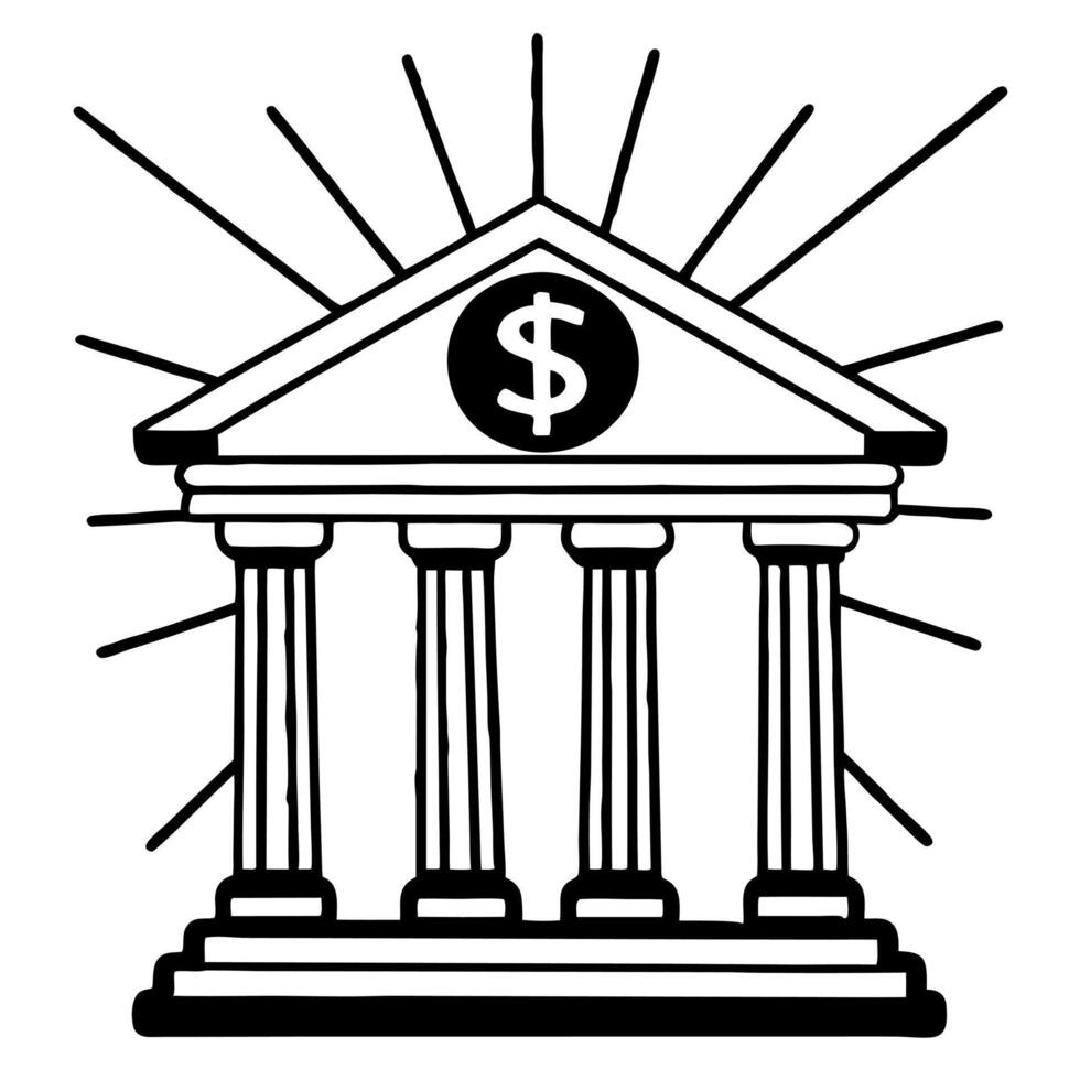 Flat Glowing holographic bank building and dollar sign floating on a glossy white surface with ample copy space Clean vector