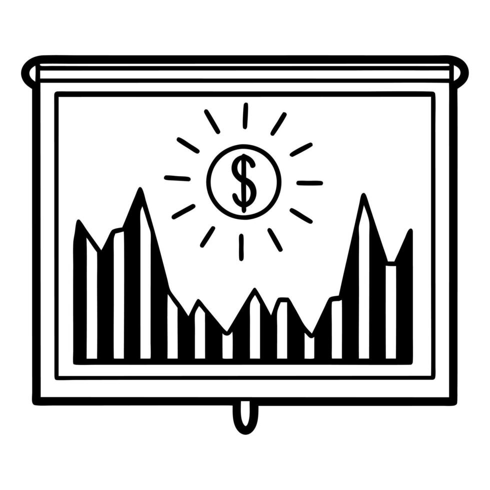 Flat Glowing holographic graph and dollar sign floating on a glossy white surface with ample copy space Clean vector