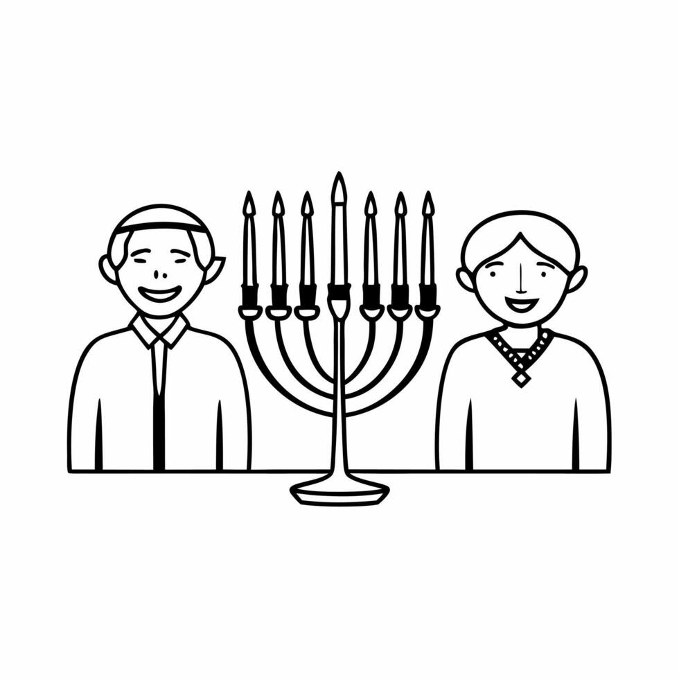Flat Grandparents lighting menorah with grandchildren candid tradition moment Clean vector