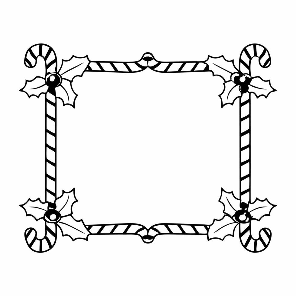 Flat Holly leaves and candy cane border with copy space Clean vector