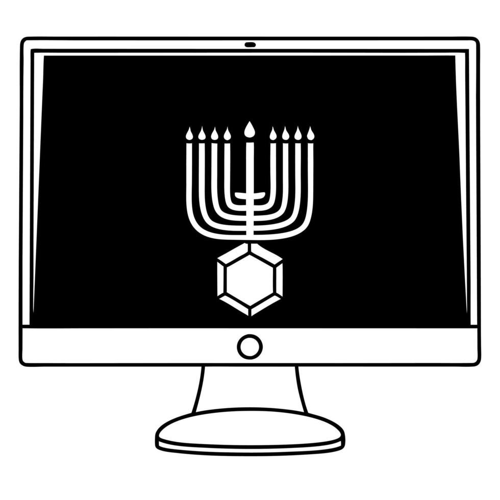 Flat Holographic dreidel and menorah with copy space on glossy desktop background concept as A glossy desktop featuring a glowing holographic dreidel and menorah with ample copy sp Squre vector