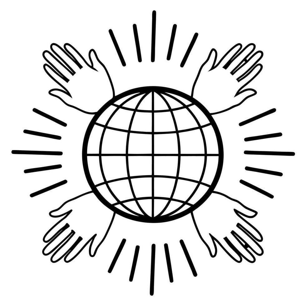 Flat Holographic globe with raised hands glowing background white copy space concept as A holographic globe with raised hands surrounding it floating in mid air with a glowing back Squre vector