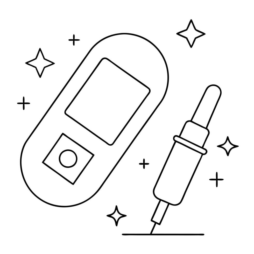 Flat Holographic lancet device and glucose test strips on white background concept as A sleek and modern image featuring a holographic lancet device and glucose test strips both is Squre Set 2 vector