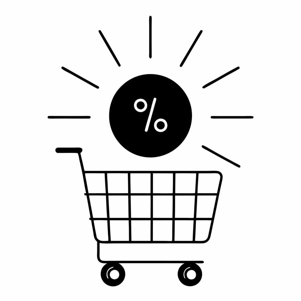 Flat Isolated glowing shopping cart with percentage icon for Cyber Monday concept as A glowing shopping cart icon with a floating percentage sign for Cyber Monday discounts isolate Squre Set 2 vector