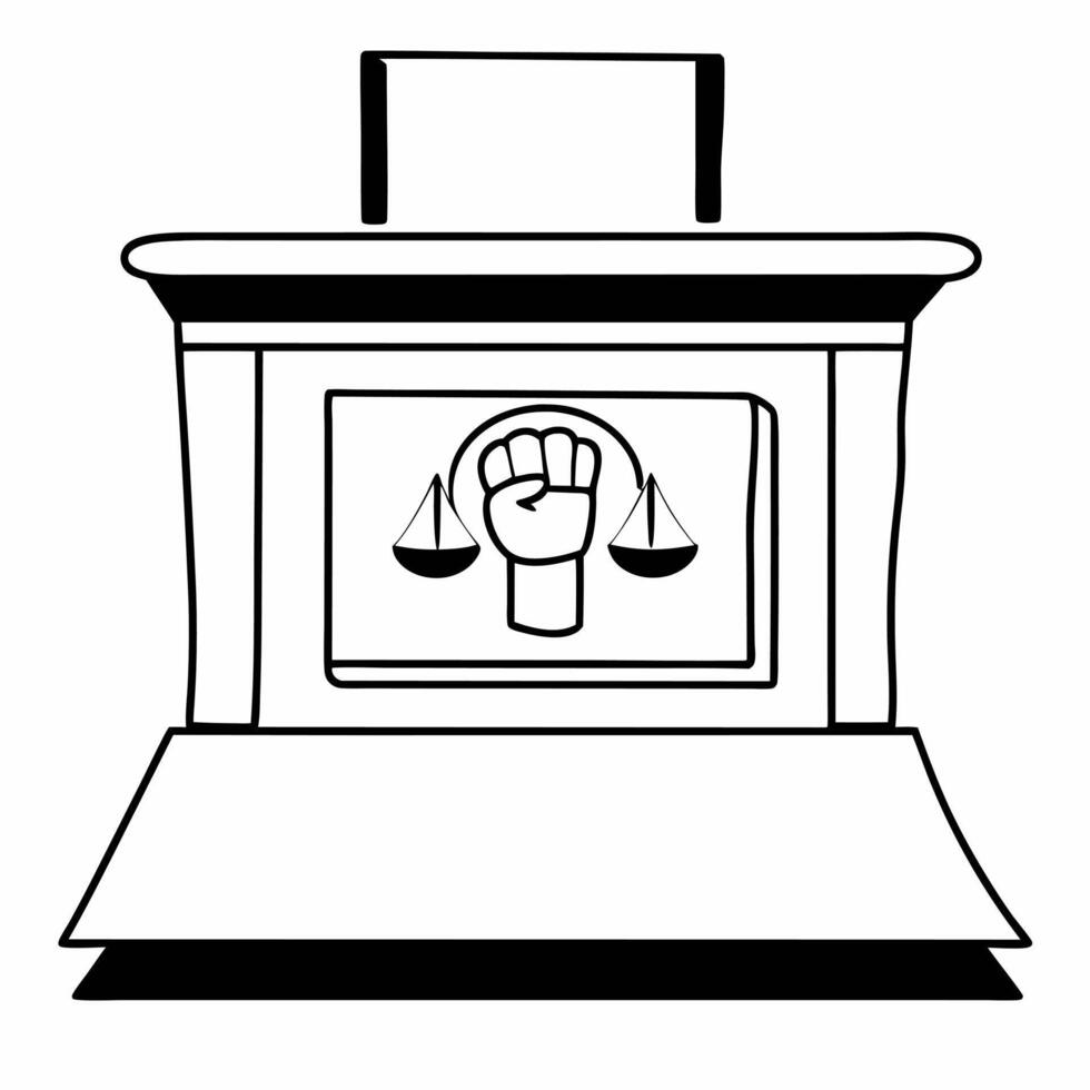 Flat Podium with a raised fist and scales of justice symbolizing activism and fairness for Human Rights Day concept as A podium featuring a raised fist and glowing scales of justic Squre vector