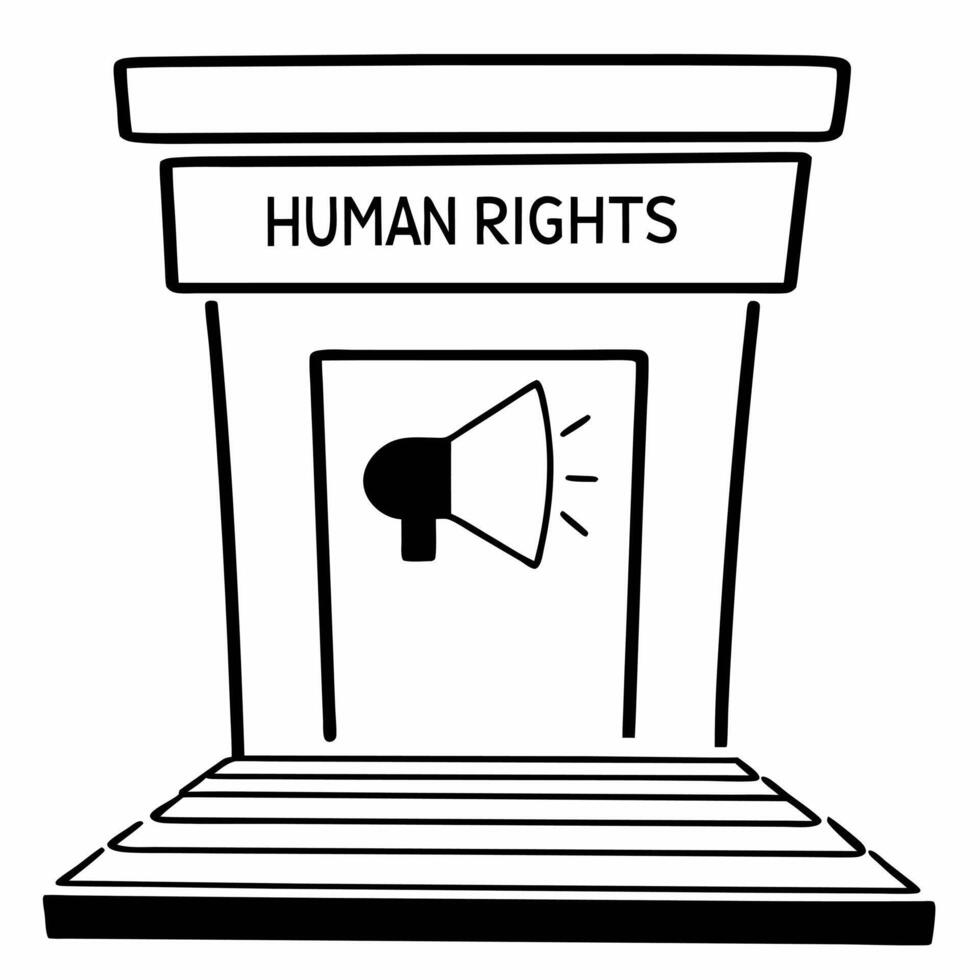 Flat Podium with a megaphone and human rights text symbolizing advocacy and voice with copy space concept as A podium featuring a glowing megaphone and the text Human Rights at th Squre vector