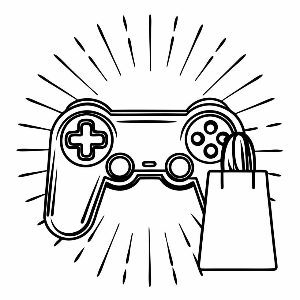 Floating gaming controller with holographic sale icon and shopping bag concept as A glossy gaming controller floats mid air with a holographic glowing sale icon and a shopping bag Squre vector