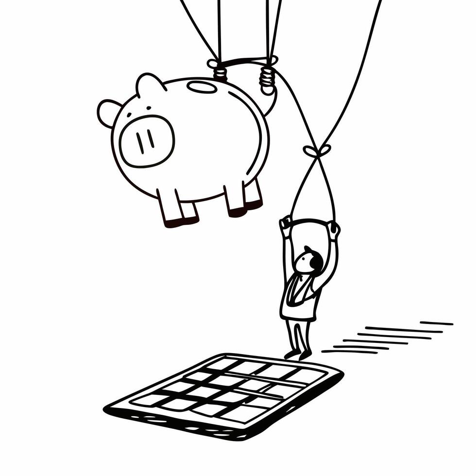 Floating holographic piggy bank and calculator on a glossy white background with ample copy space concept as A modern image featuring a glowing holographic piggy bank and a floatin Squre vector