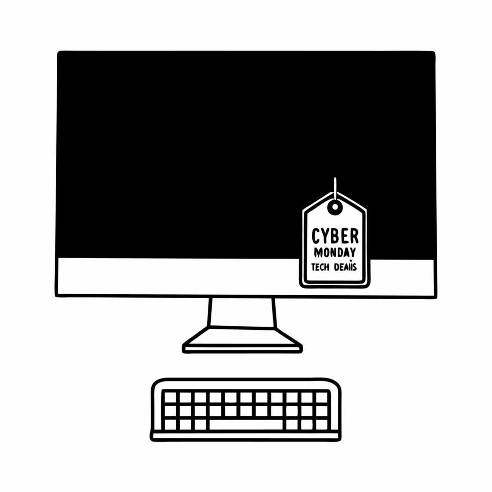 Floating monitor with holographic keyboard and sale tag concept as A glossy monitor floats against a white background with a holographic glowing keyboard and a sale tag nearby The Squre vector