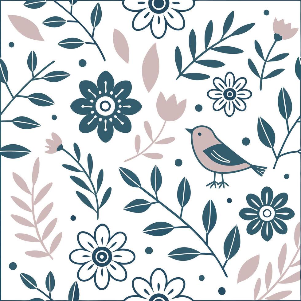 Folk art seamless pattern with floral and animal elements for a whimsical nature inspired design concept as Whimsical folk art pattern with floral and animal elements perfect for a Squre vector