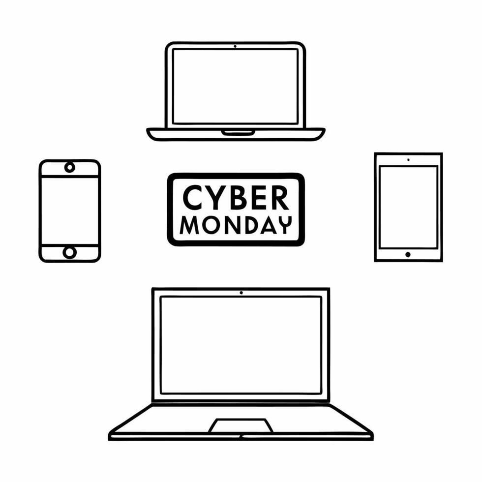 Glossy background of tech products with Cyber Monday price labels and discount signs concept as A glossy background featuring tech products such as laptops tablets and smartphones Squre vector
