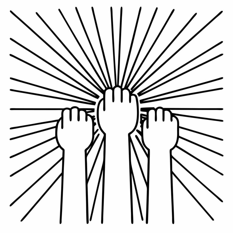 Glowing abstract raised hands with digital light rays representing human rights advocacy concept as A glowing abstract scene of raised hands illuminated by digital light rays repre Squre vector