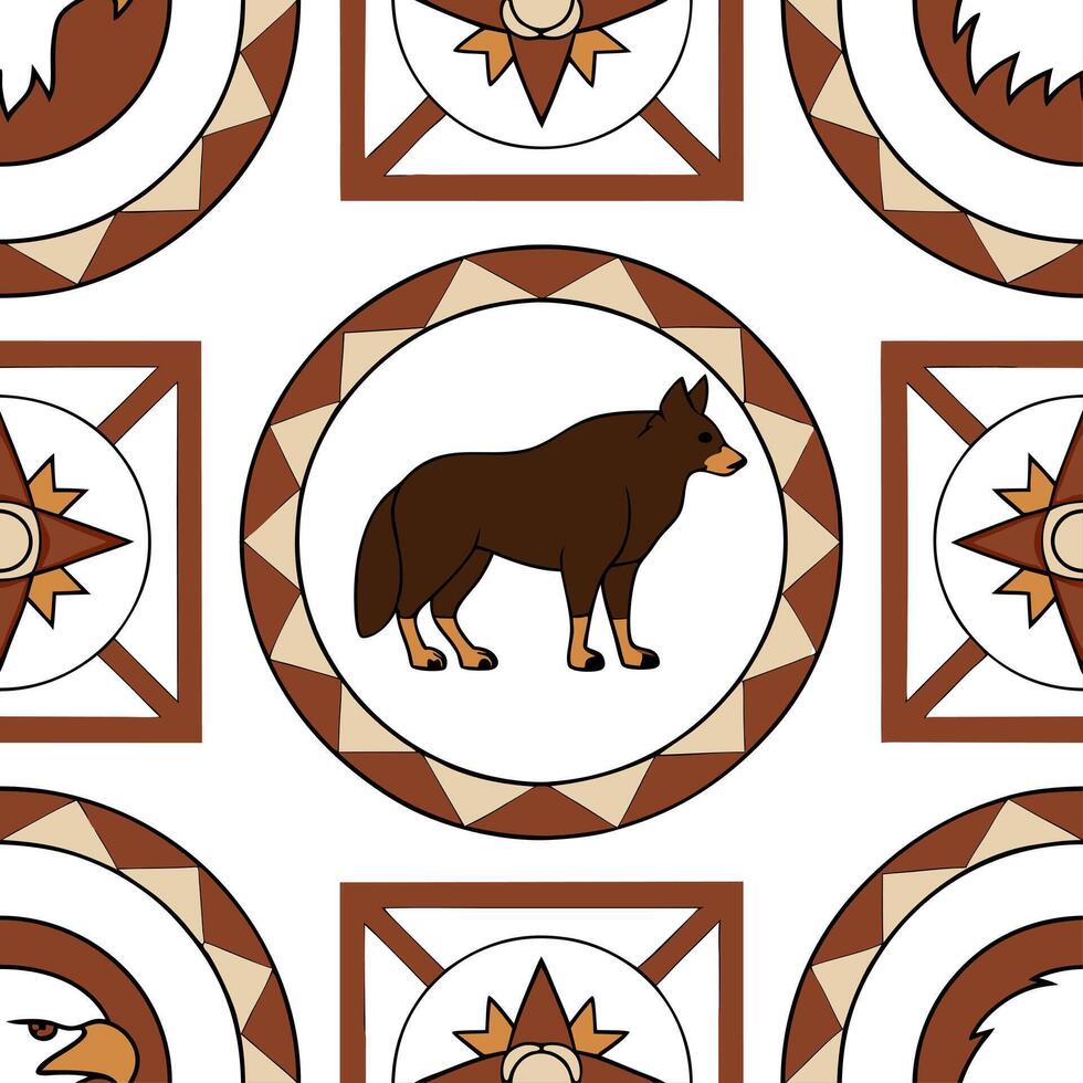 Incorporate North American wildlife such as bison coyotes and bald eagles into a seamless tile pattern with rustic earthy colors and geometric designs Clean vector