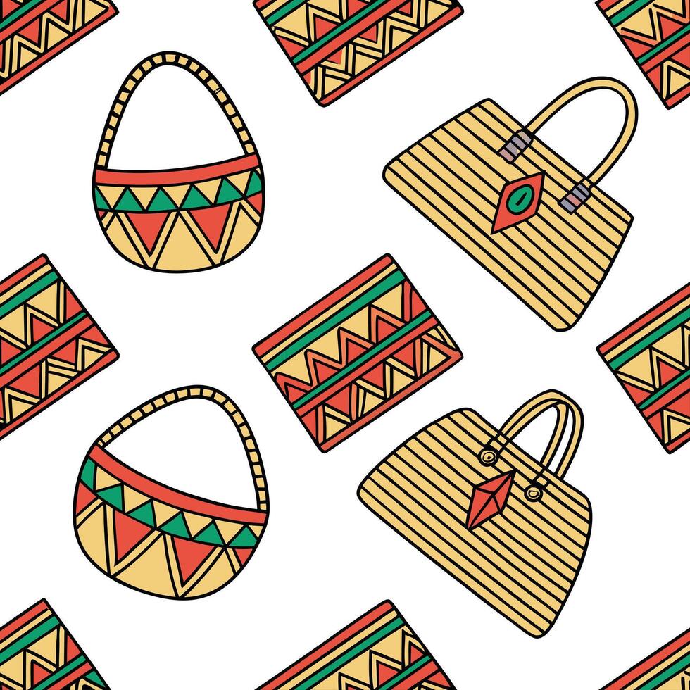 Incorporate ethnic inspired bags and pouches into seamless tile designs using vibrant patterns and traditional fabrics Clean vector
