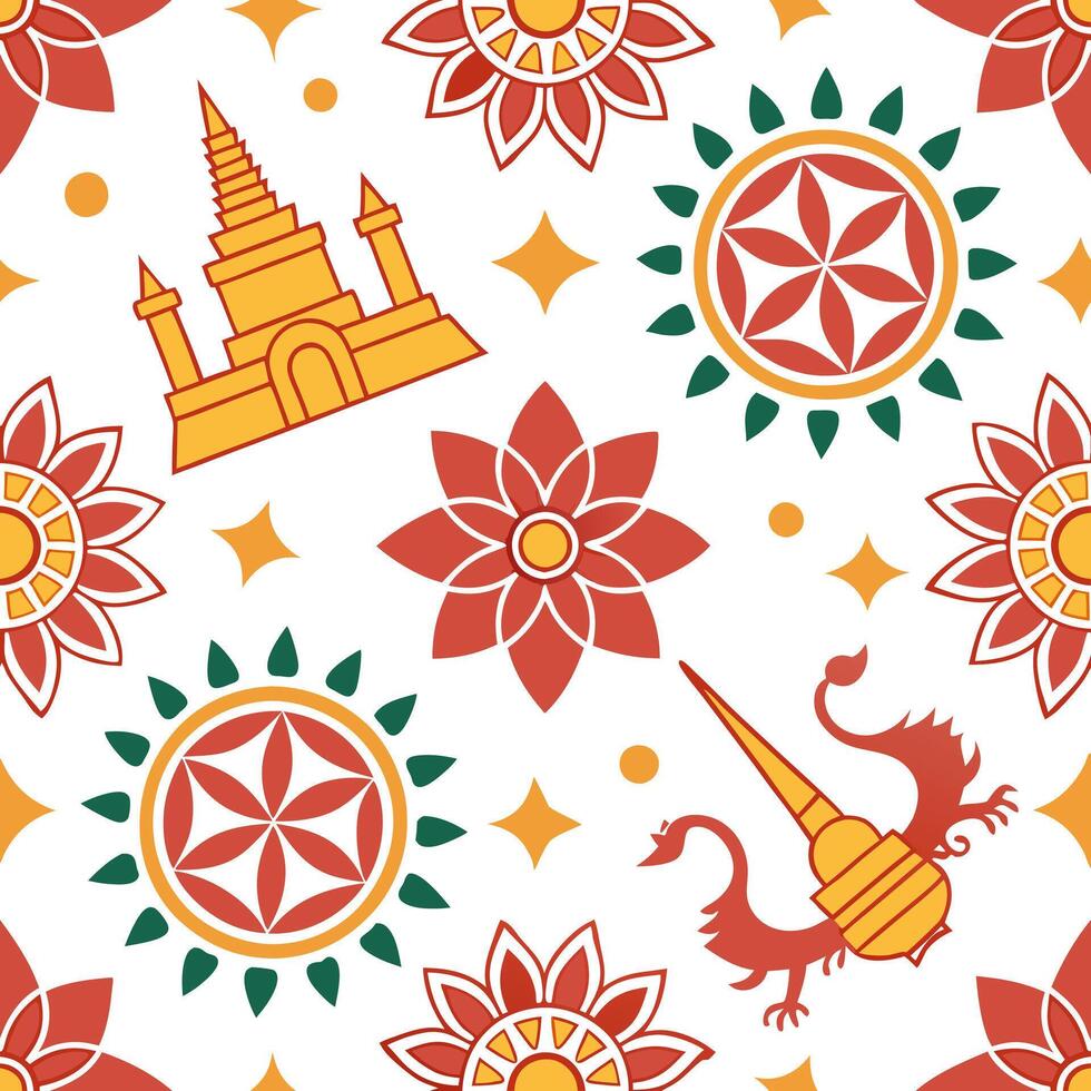 Incorporate regional icons and cultural symbols from Southeast Asia into a seamless tile design focusing on vibrant colors and traditional patterns Clean vector