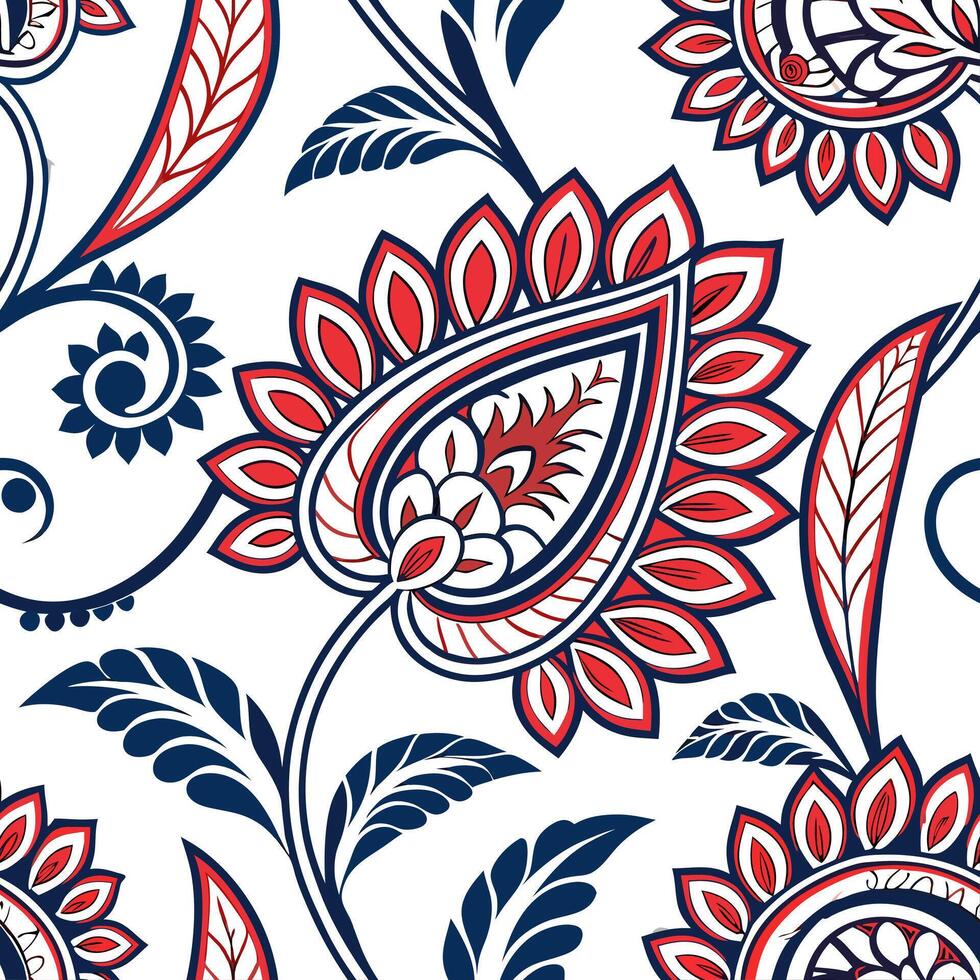 Incorporate Persian carpet designs into a seamless tile pattern featuring intricate floral elements and bold saturated color contrasts Clean vector