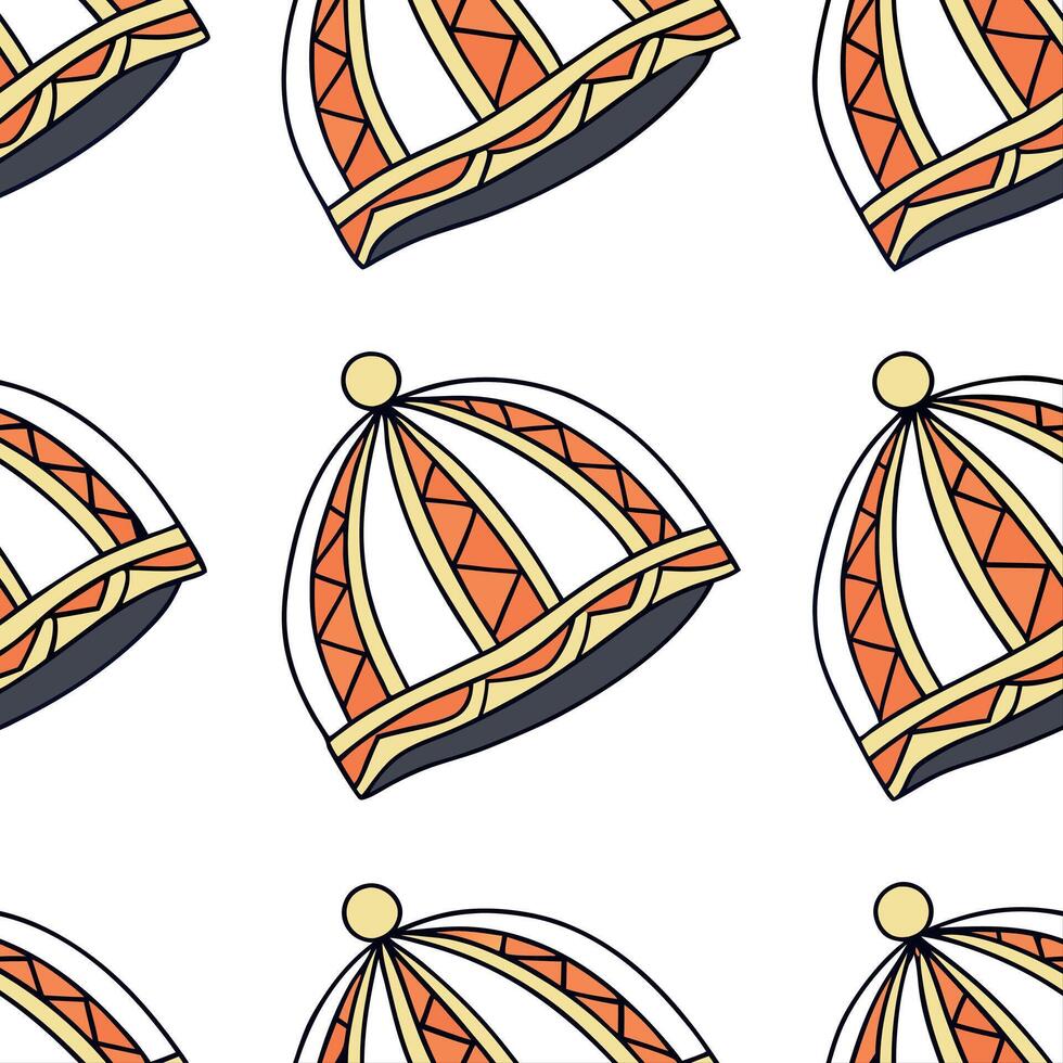 Integrate ethnic hats and headwear into seamless tile patterns focusing on symbolic details and bright cultural accents Clean vector