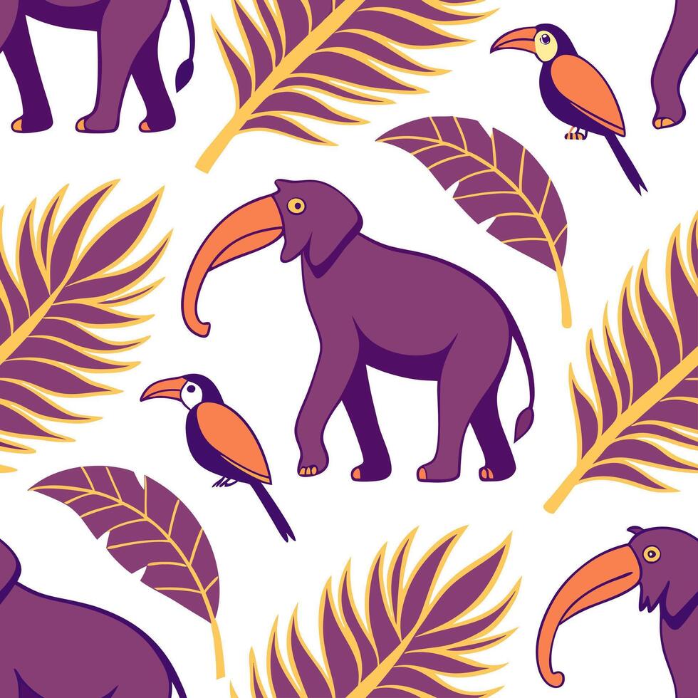 Integrate tropical fauna from Southeast Asia into a seamless tile design featuring monkeys elephants and exotic birds in rich colors and patterns Clean vector