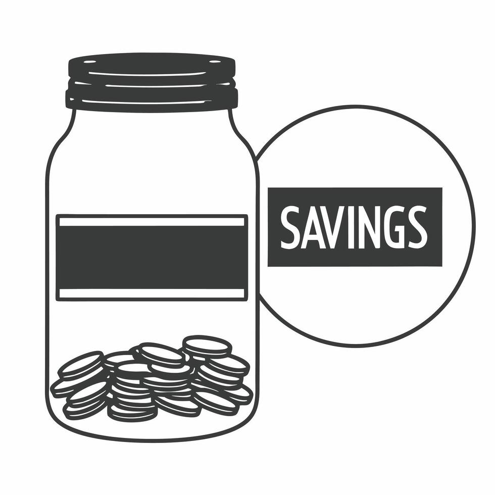 Isolated Coin Jar and Savings Label concept as A illustration of a transparent jar filled with coins with a Savings label beside it isolated on a white background The desig Squre vector