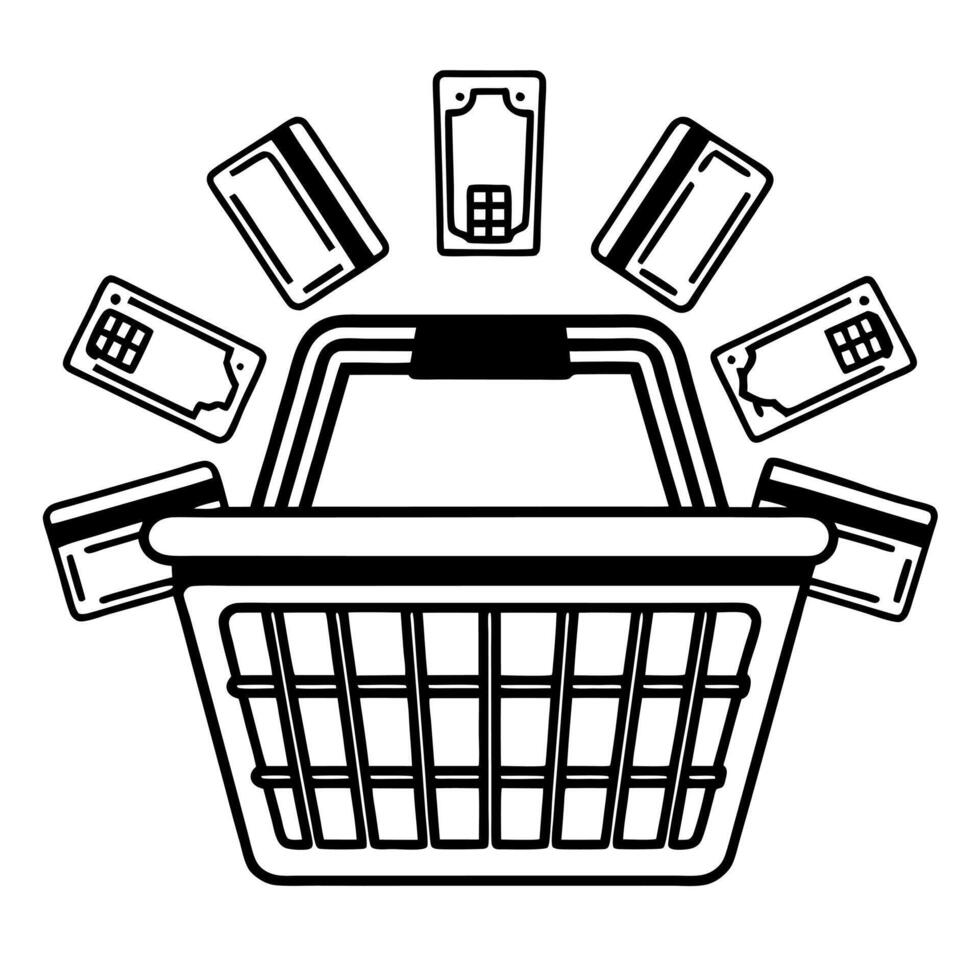 Levitating Shopping Basket with Payment Icons concept as A shopping basket floating with payment icons around it isolated on a white background The design represents e commerce an Squre vector