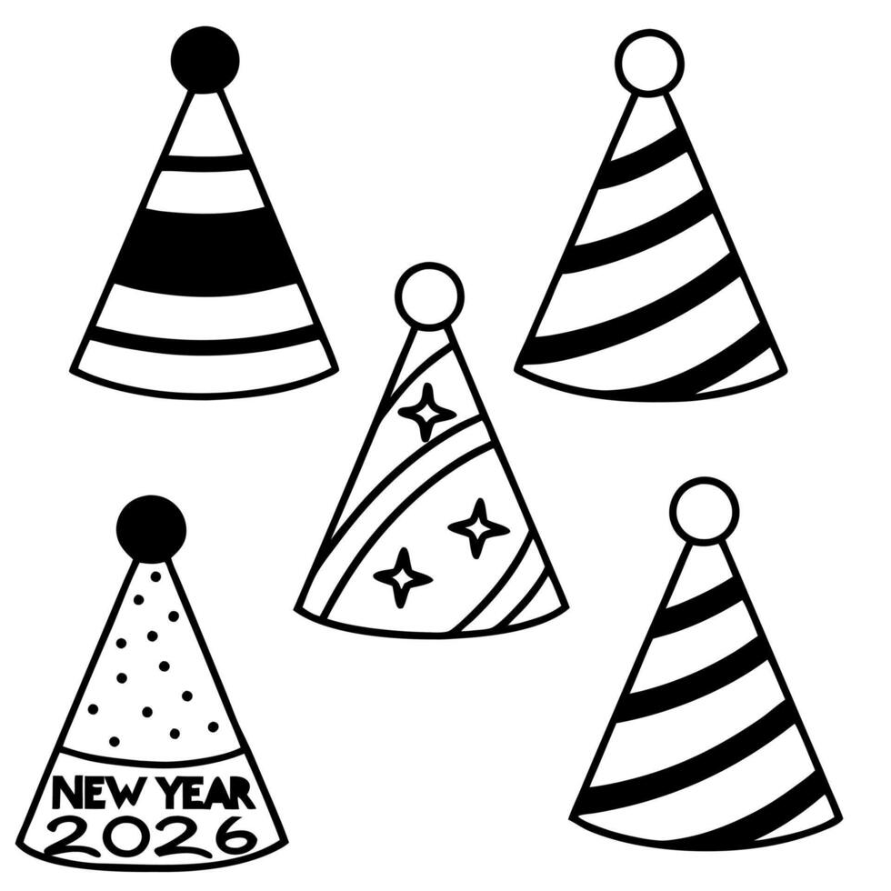 Macro of New Year Party Hats concept as A close up of colorful party hats with glitter and designs celebrating New Year 2026 The camera captures the vibrant colors and textures en Squre vector