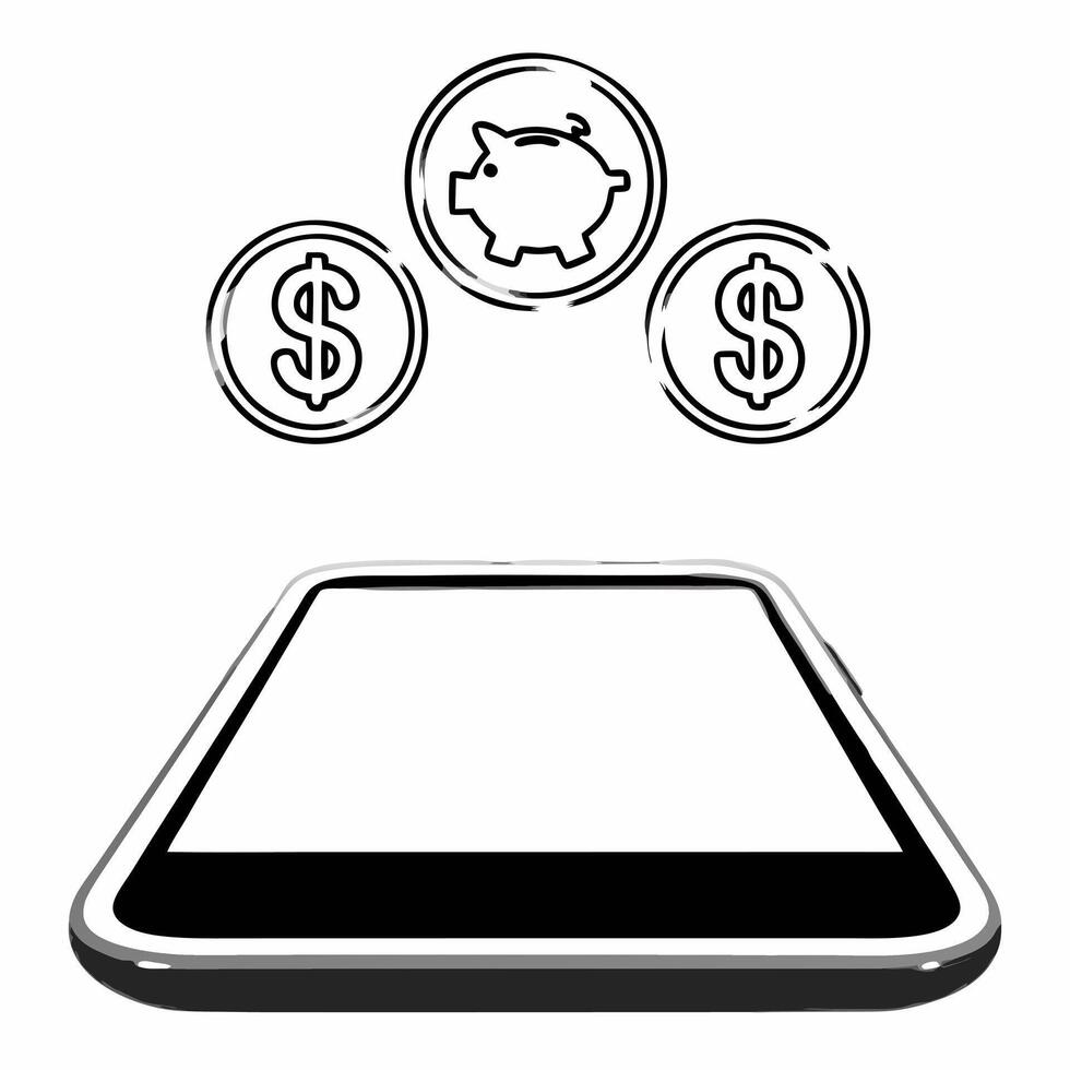 Phone with Holographic Piggy Bank and Dollar Signs concept as A smartphone displayed on a glossy white surface with holographic icons of a piggy bank and dollar signs representing Squre vector
