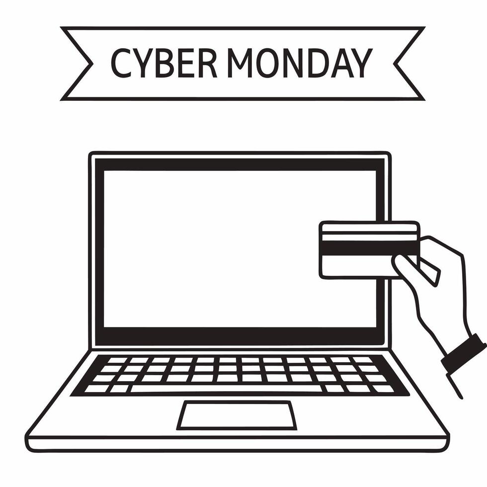 Plain background of a laptop and credit card with Cyber Monday banner concept as A plain background featuring a sleek laptop an outstretched hand holding a credit card and a Cyber Squre vector