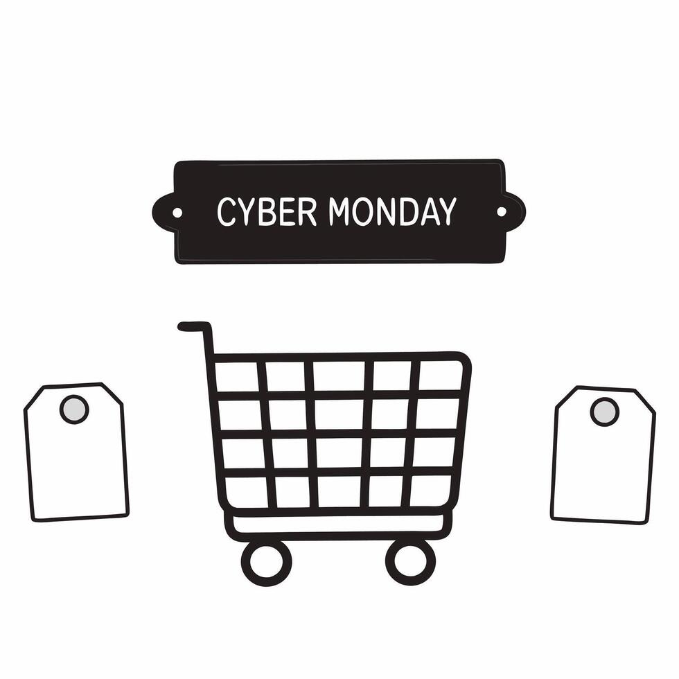 Plain background with shopping cart icon and Cyber Monday price tags concept as A plain background showcasing a large shopping cart icon with floating Cyber Monday price tags in a Squre vector
