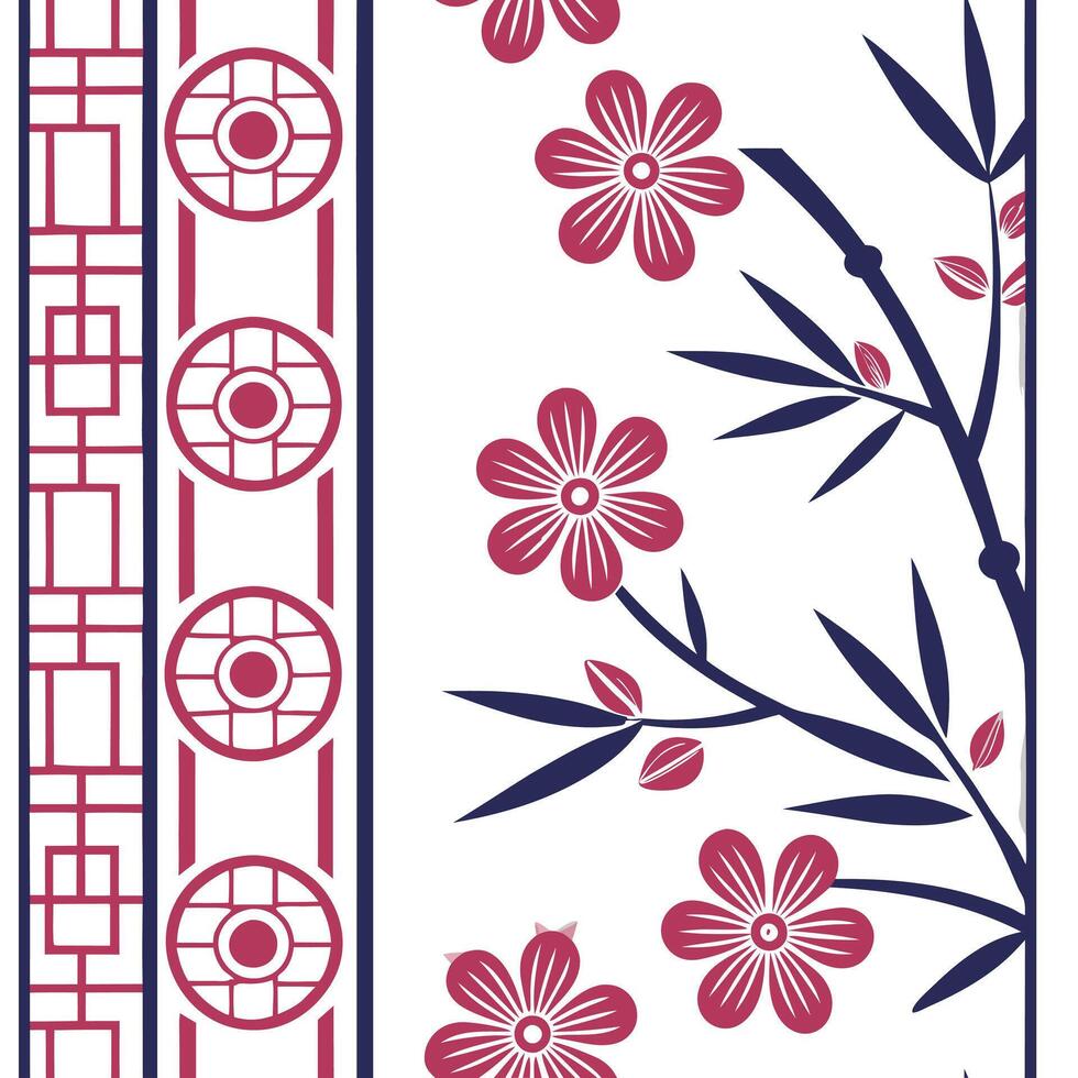Produce seamless tile patterns featuring Asian cultural motifs balanced with modern minimalist design and clean white space concept as Asian cultural motifs seamlessly integrated i Squre vector