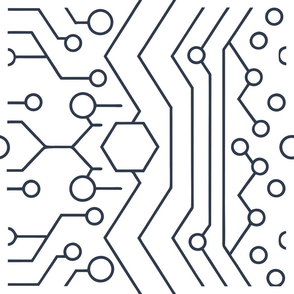 Sleek techno circuits seamless pattern with layered electronic diagrams and digital grid lines isolated white balance producing sophisticated futuristic tile design concept as Laye Squre vector