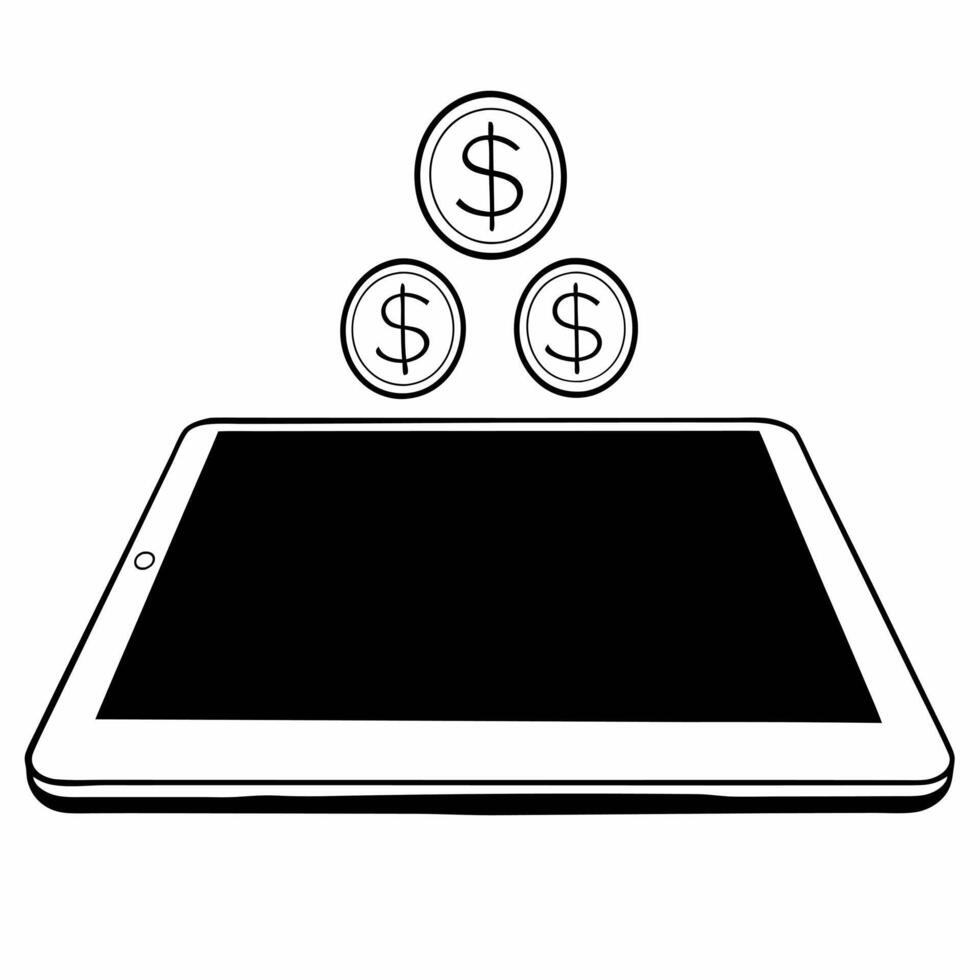 Tablet with Holographic Coin Symbols concept as A tablet on a glossy white background with holographic coin symbols representing savings and profits floating near the screen The i Squre vector