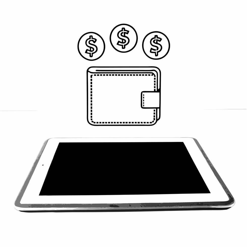Tablet with Holographic Wallet and Coin Symbols concept as A tablet set on a glossy white surface with holographic wallet and coin icons representing savings and profits floating n Squre vector