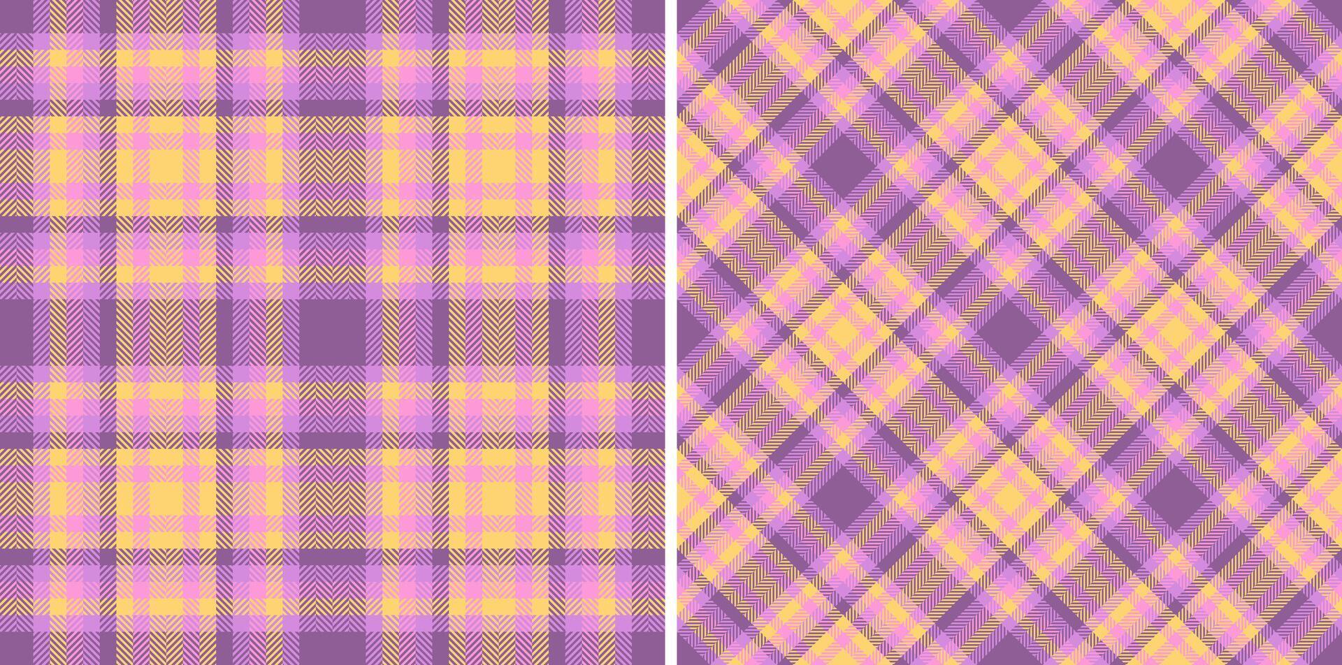 Two pastel plaid patterns, perfect for textile design or digital backgrounds. Soft purple and yellow hues create a gentle, feminine aesthetic. Ideal for websites, stationery, or apparel. vector