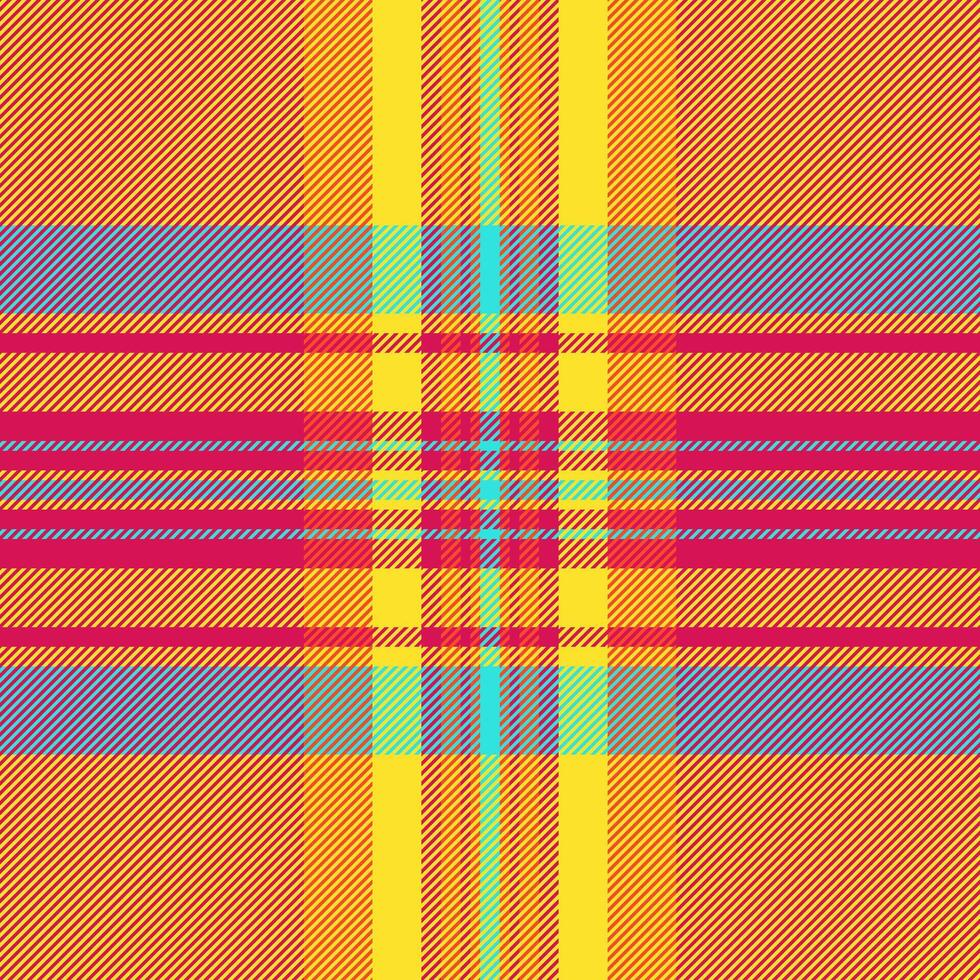 Folklore seamless plaid fabric, tile pattern tartan background. Funky texture textile check in pink and yellow colors. vector