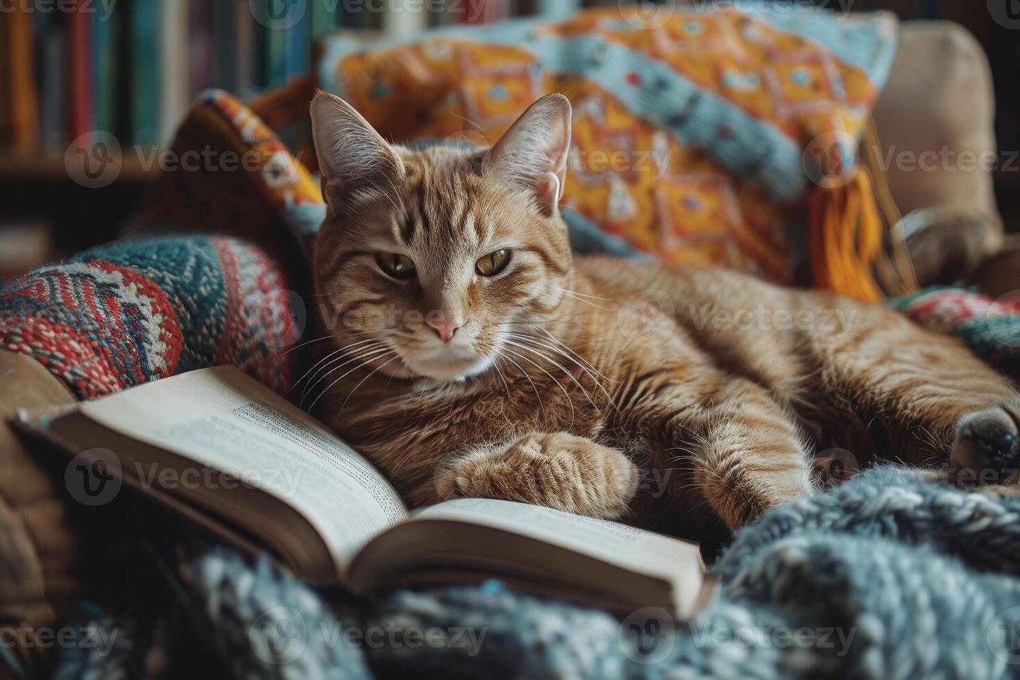 Tabby cat lounging comfortably with an open book on a cozy blanket. photo