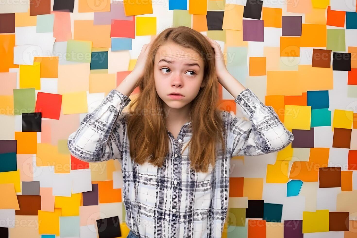 Teenager Girl Expressing Intense Emotion in Colorful Studio Setting photo
