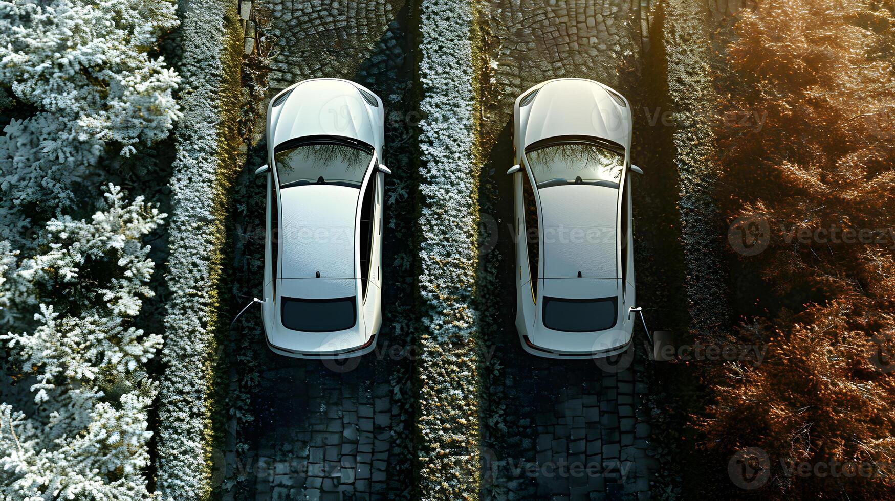 Aerial View of Electric Cars Parked. Created with . photo