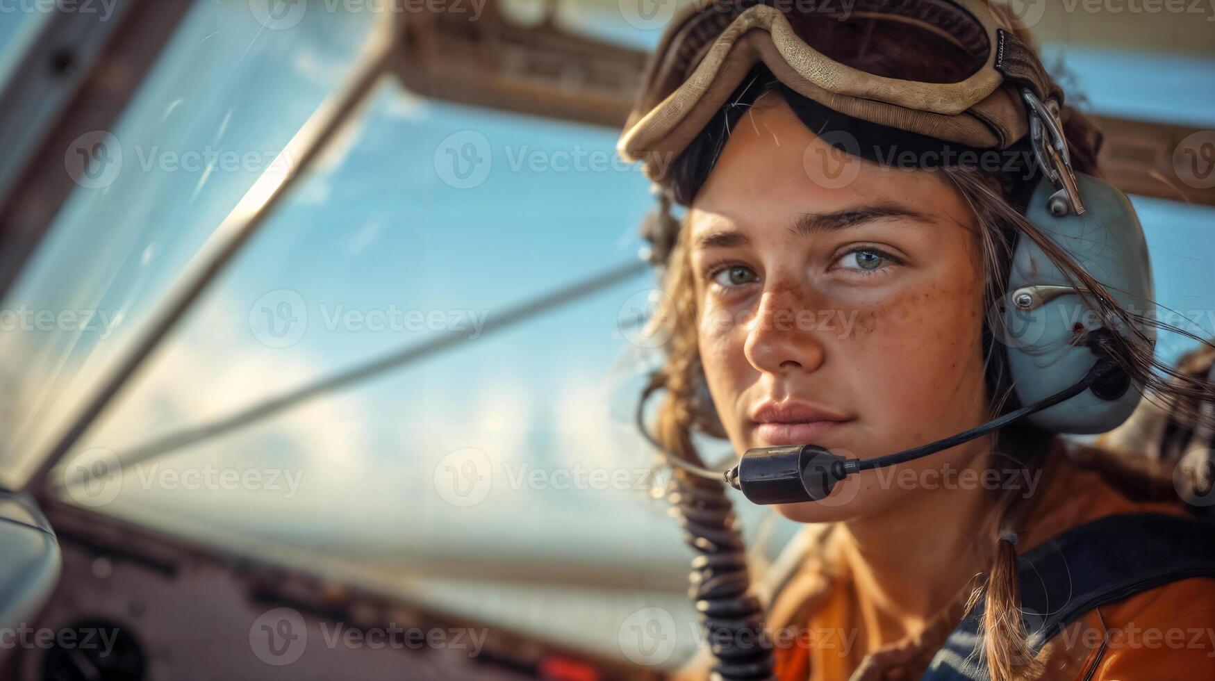 Young Female Pilot in Cockpit with Headset. photo