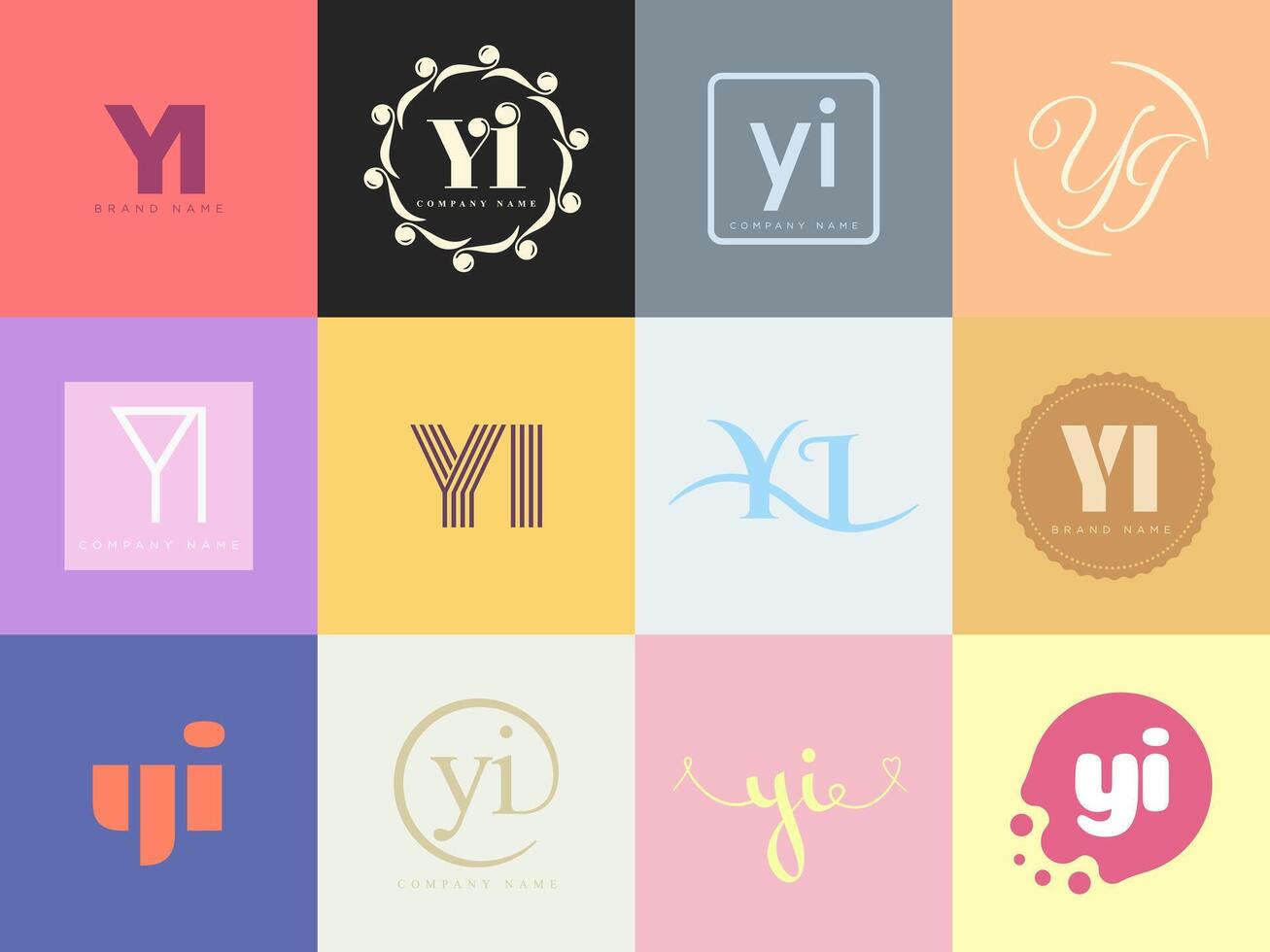 YI logo company template. Letter y and i logotype. Set different classic serif lettering and modern bold text with design elements. Initial font typography. vector