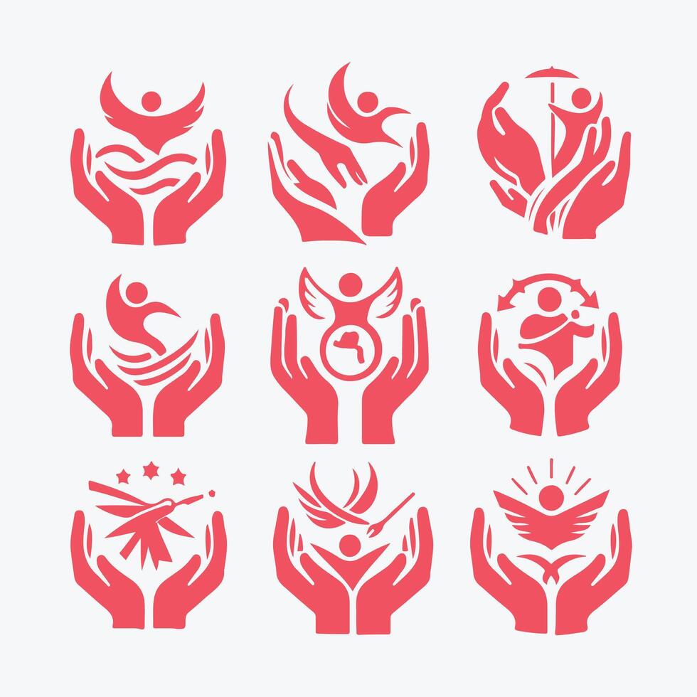 Hands with symbols of people and birds vector
