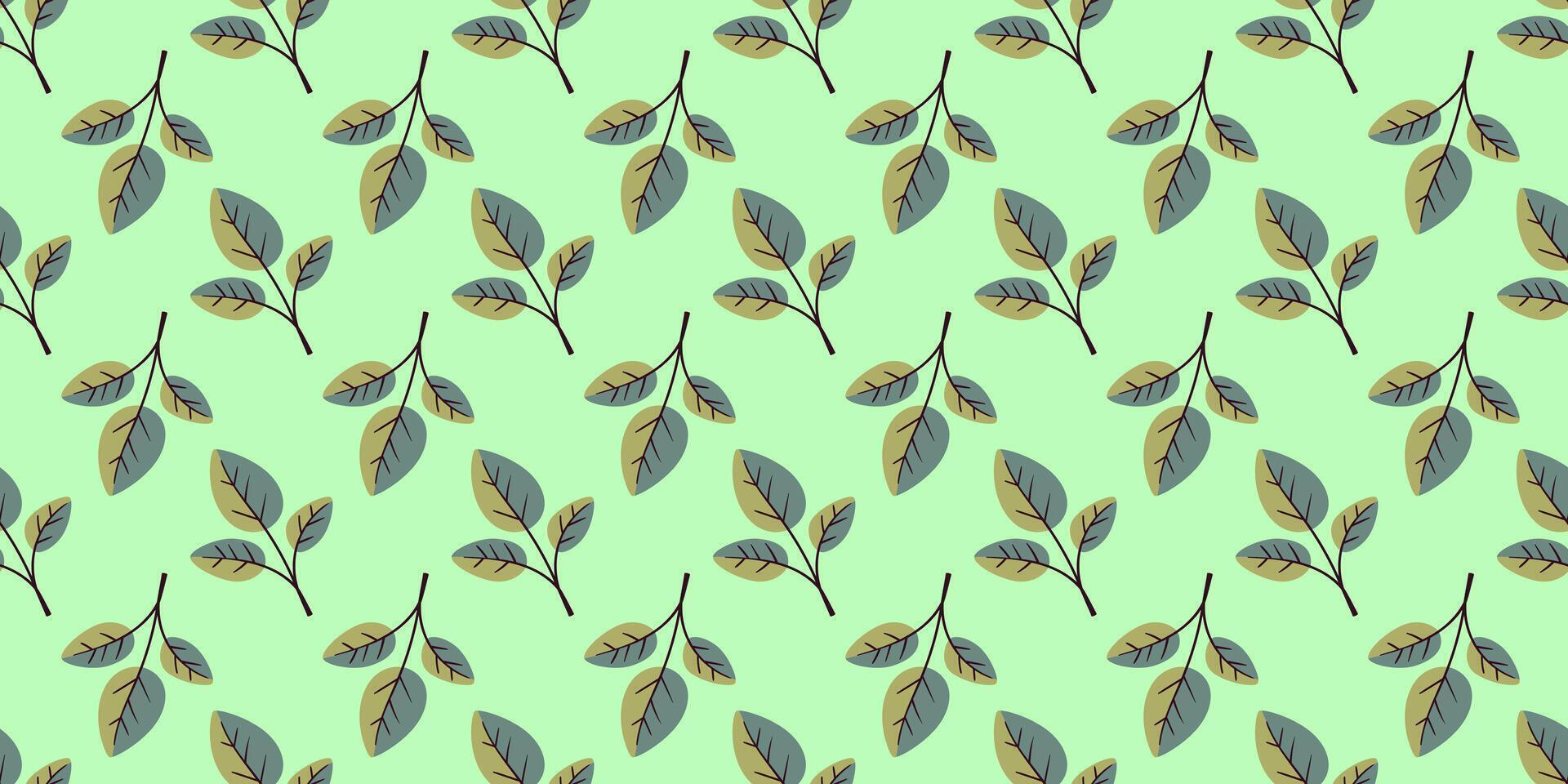 Seamless pattern of stylized leaves on a pastel green background. Perfect for textile design, wallpaper, packaging, and digital projects. Evokes feelings of freshness, nature, and tranquility. vector