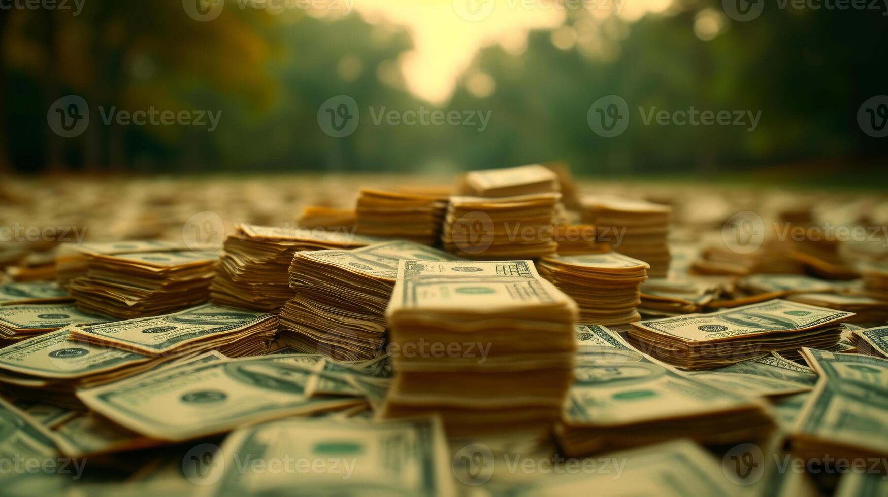 Large Pile of Cash Stacked on the Ground During Golden Hour photo