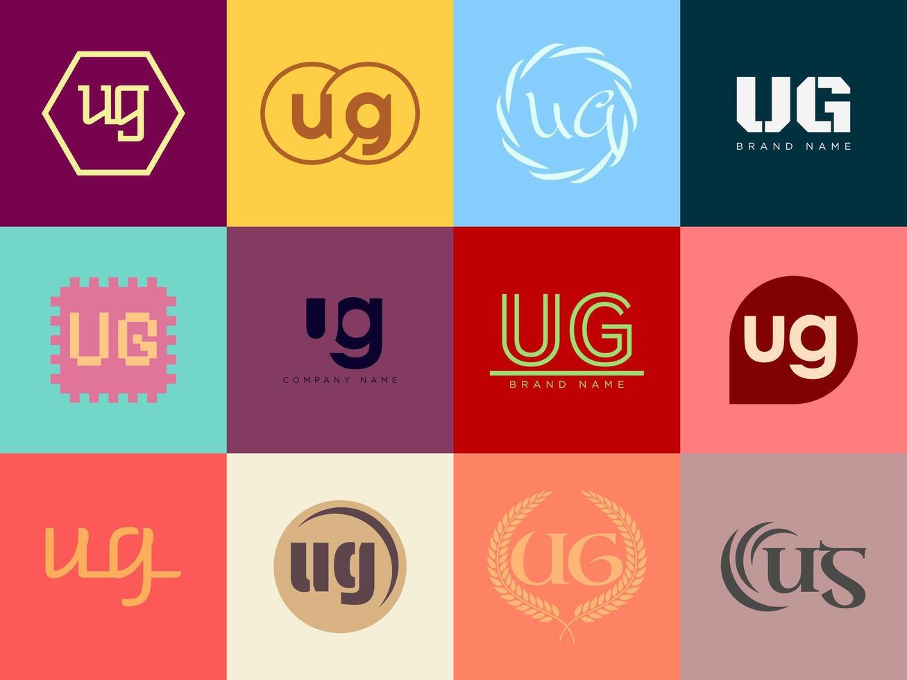 UG logo company template. Letter u and g logotype. Set different classic serif lettering and modern bold text with design elements. Initial font typography. vector