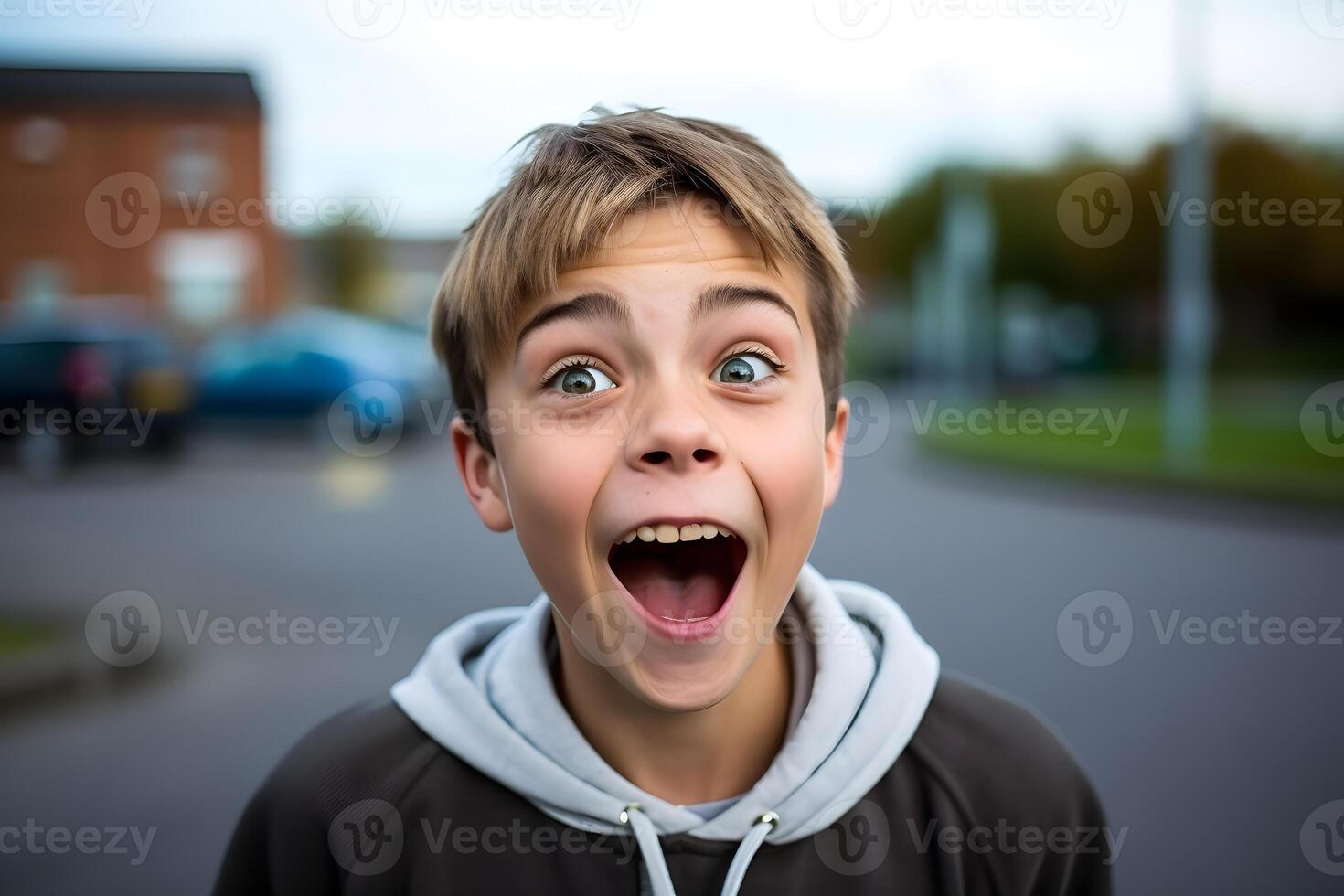 Expressive teenager boy in school, being amused, teen emotions or teen moods concept. photo