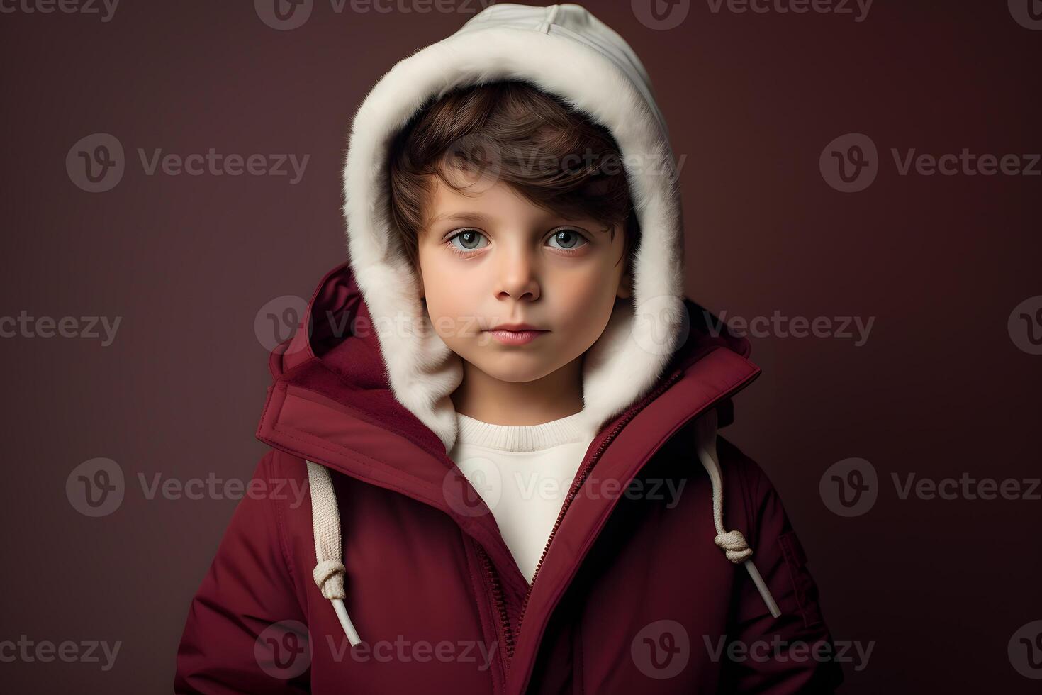 Vibrant Minimalist Portrait of a Child in Winter Attire Indoors photo