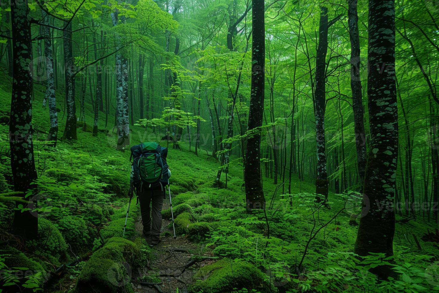 Hiker Explores a Lush, Green Forest Trail Surrounded by Tall Trees photo